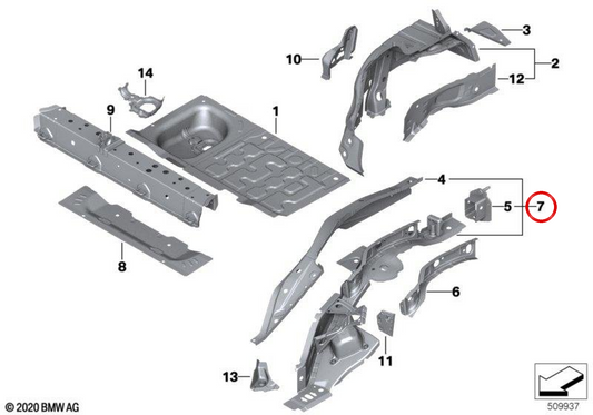 Longeron latéral arrière gauche OEM 41007402401 pour MINI F56, F56 BEV, F56 LCI, F66, Cabrio F57, Cabrio F67... et plus. MINI d'origine.