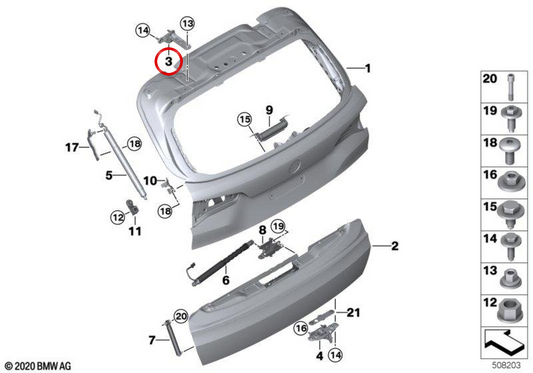 Dobradiça superior direita da porta traseira OEM 41007417416 para BMW G05, G18, F95, G07. BMW genuíno.