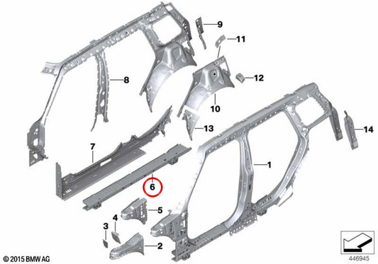 Reforço da longarina direita OEM 41007430872 para MINI Clubman F54, F54 LCI. MINI originais.