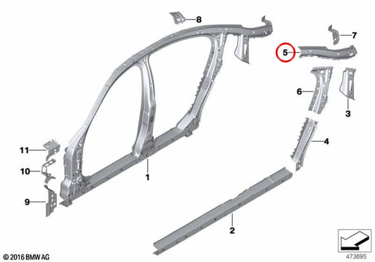 Refuerzo interior del marco del techo derecho OEM 41007437472 para BMW F90 y G30. Original BMW.
