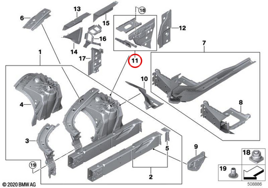 Pilar auf der rechten vorderen OEM 41007446658 für BMW F90, G30, G31, G38, F91, F92, F93, G14, G15, G16. Original BMW.