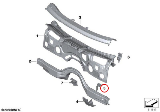 Rinforzo del motore destro OEM 41007481042 per BMW G42, G87, G20, G21, G28, G80, G81, G22, G23, G26, G82, G83, G01, G08, F97, G45, G02, F98, G29. BMW originale.