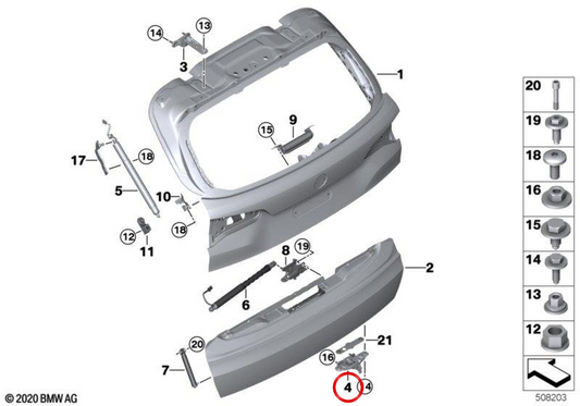 La cerniera inferiore sinistra del cancello posteriore OEM 41007486551 per BMW G05, G18, F95, G07. BMW originale.