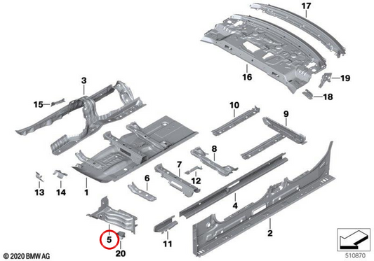 Renforcement du cadre de droite OEM 41007486614 pour BMW G42, G87, G20, G21, G28, G80, G22, G23, G82, G83. BMW d'origine.