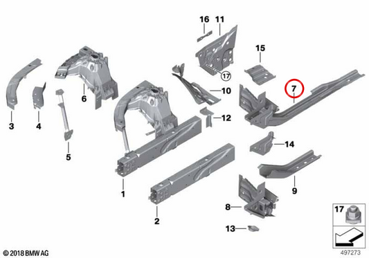 Rechte Heckmotorstütze OEM 41007486628 für BMW G42, G87, G20, G21, G28, G80, G22, G23, G82, G83. Original BMW.
