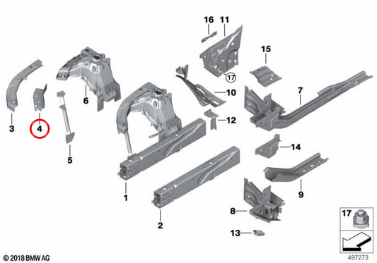 Suporte inferior do arco da roda direita OEM 41007488042 para BMW G42, G87, G20, G21, G28, G80, G81, G22, G23, G26, G82, G83. BMW genuíno.