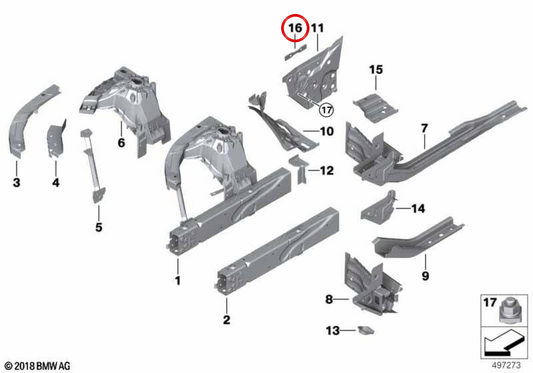 Placa roscada bisagra capó OEM 41007488045 para BMW G42, G87, G20, G21, G28, G80, G81, G22, G23, G26, G82, G83. Original BMW.