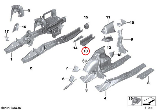 Extensão do trilho lateral inferior direito OEM 41007488056 para BMW G20, G21, G28, G80, G81, G22, G23, G26, G82, G83. BMW genuíno.