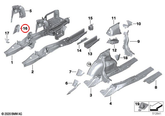 Reforço do arco da roda direita OEM 41007488058 para BMW G42, G87, G20, G21, G28, G80, G81, G22, G23, G26, G82, G83. BMW genuíno.