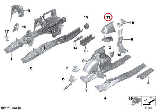Upper reinforcement of the right wheel pass OEM 41007488070 for BMW G42, G87, G20, G21, G28, G80, G81, G22, G26, G82. Original BMW.