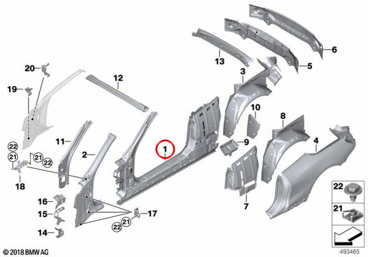 Links zentrale Seitenstruktur OEM 41007494517 für BMW F91 und G14. Original BMW.