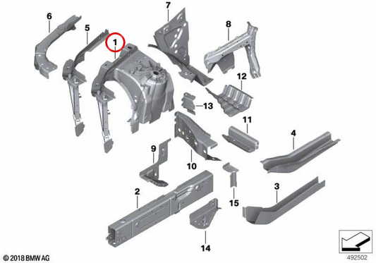 Suporte de reforço dianteiro direito OEM 41007933486 para BMW G05, G18, F95, G06, F96, G07, G09. BMW genuíno.