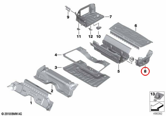 OEM 41009448834 Supporto subchastico posteriore destro per BMW G20, G21, G28, G80, G81, G22, G23, G26, G82, G83. BMW originale.