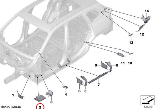 Parte interna inferior da coluna A OEM 41009479344 para BMW X1 U11, X1L U12, X2 U10 e MINI Countryman U25. BMW e MINI originais.