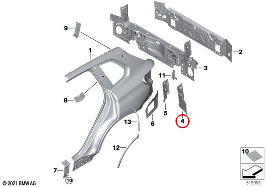 Refuerzo inferior pilar D derecho OEM 41009481368 para BMW G05, F95. Original BMW.