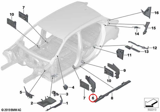 Guarnição externa do peitoril dianteiro esquerdo OEM 41009482607 para BMW F40, F44. BMW genuíno.