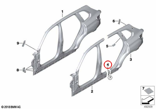 OEM 41009492929 Plaque de renforcement de seuil gauche pour BMW G07, G09. BMW d'origine.