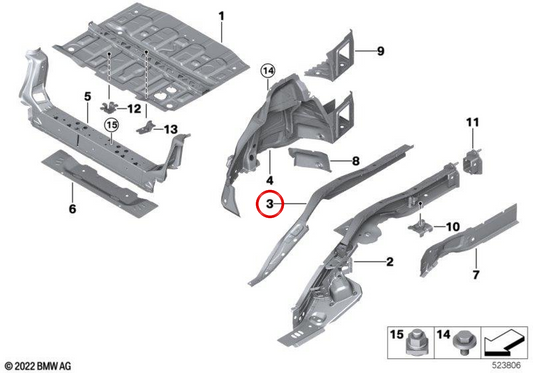 Longarina superior direita OEM 41009627778 para BMW F45, F46, U06, U25. BMW genuíno.