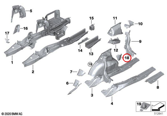 Rinforzo del bagagliaio in alto a sinistra OEM 41009630463 per BMW G87, G80, G82. BMW originale.