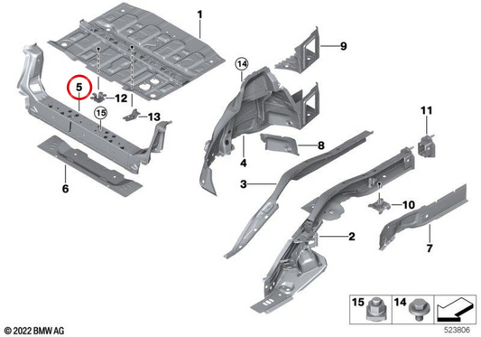 Front upper trunk floor crossmember OEM 41009850497 for BMW F78 Gran Coupé, U06 Active Tourer, X1 U11, X2 U10, MINI Countryman U25... and more. Original BMW and MINI.
