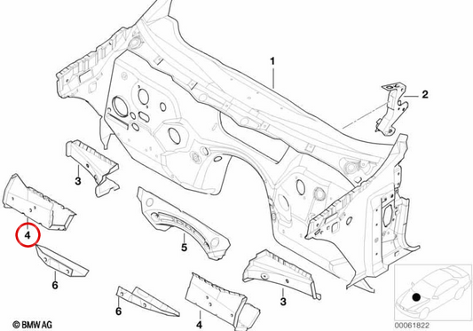 Passaggio della ruota e staffa sinistra OEM 41117028595 per BMW E46. BMW originale.