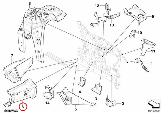 Supporto frontale sinistro OEM 41117111095 per BMW E60, E61, E63, E64. BMW originale.