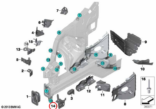 Supporto in basso a destra del radiatore OEM 41117174342 per BMW E70, E71, E72, F15, F16, F85, F86. BMW originale.