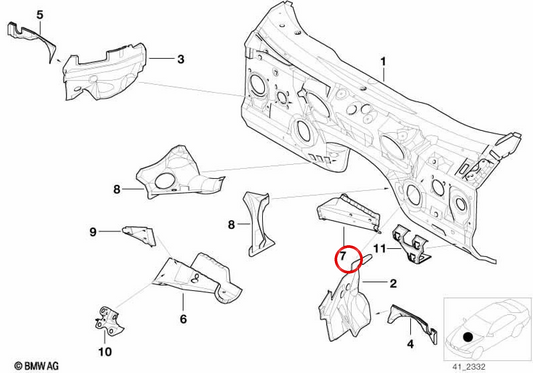 Refuerzo de mamparo derecho OEM 41118203516 para BMW E39. Original BMW.