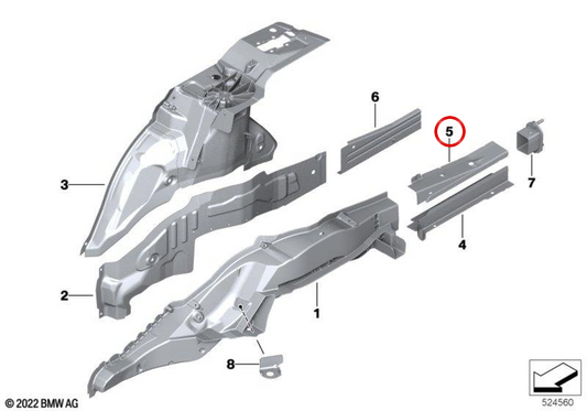 Estensione longherone superiore destro OEM 41118844258 per BMW Serie 7 G70. BMW originale.