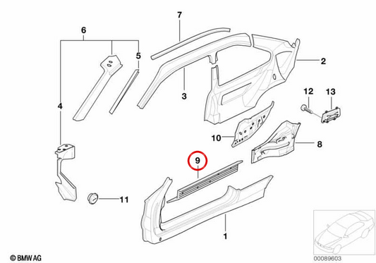 Larguero longitudinal izquierdo OEM 41128153759 para BMW E36 (316i, 318i, 318is, 320i, 323i, 325i, 328i, M3). Original BMW.