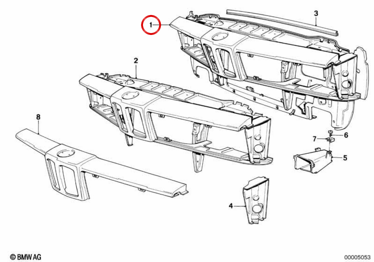 Supporto frontale OEM 41131859883 per BMW E24. BMW originale.