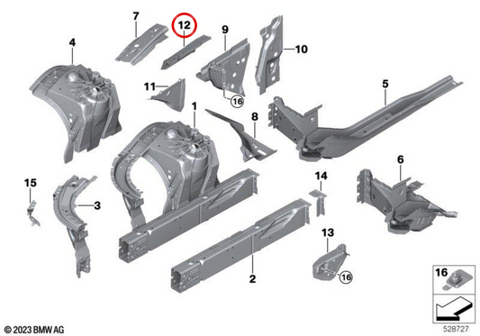 Extensão de suporte do arco da roda direita OEM 41145A642C2 para BMW Série 5 G60, G68, G90, G61, G99. BMW genuíno.