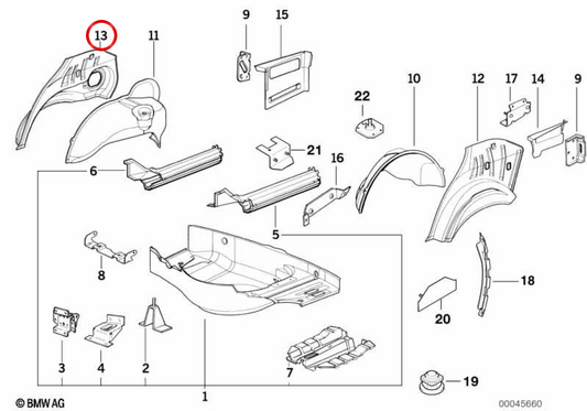 Forro do arco da roda traseira direita OEM 41148171152 para BMW E36. BMW genuíno.