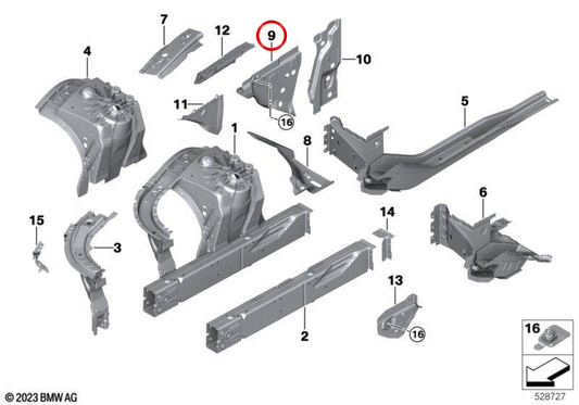 Front Left Inner A-pillar OEM 41149635101 for BMW G60, G68, G90, G61, G99. Genuine BMW.