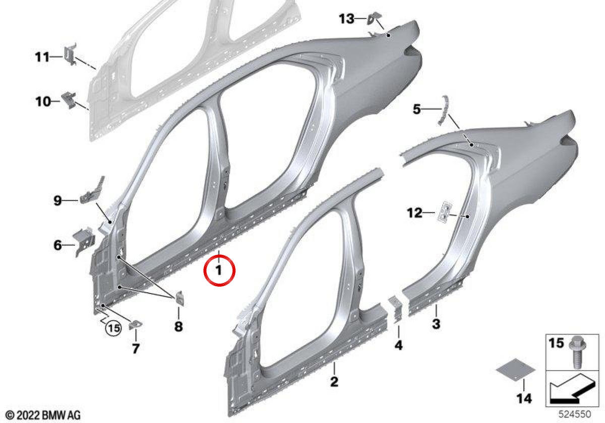 Frame laterale estero destro 41215A37B52 per BMW E46. BMW originale.