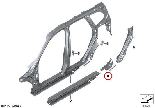 Refuerzo de umbral derecho OEM 41215A52CE2 para BMW U11, U10, U25. Original BMW.