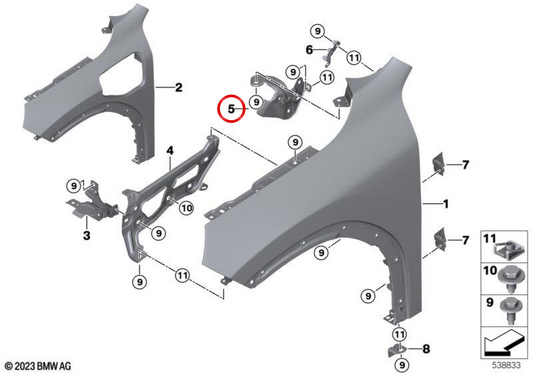Obere linke Seitenwandhalterung OEM 41215B38D67 für BMW X2 U10 16i, 18d, 18i, 20i, 25i, M35i xDrive. Original BMW.