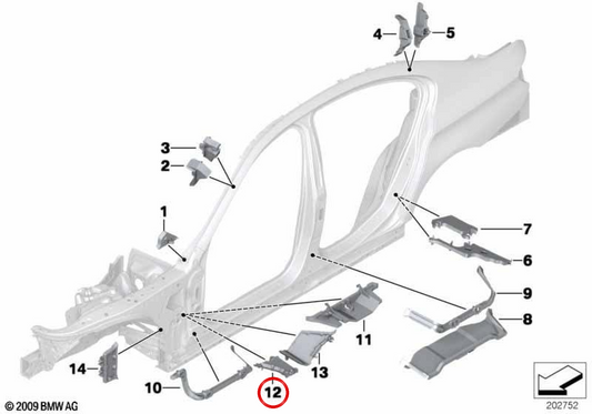 Innenräfte rechts vorderster Schritt OEM 41217044670 für BMW F07, F10, F11, F18, F06, F12, F13, F01, F02, F04. Original BMW.