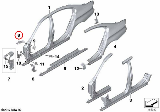 Soporte superior lateral derecho OEM 41217263802 para BMW F06, F12, F13. Original BMW.