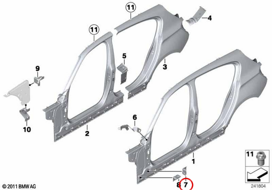 Suporte inferior de parede lateral OEM 41217284401 para BMW F20, F21, F40, F52, F70, F22, F23, F44, F45, F46, F87, U06, F30, F31, F34, F35, F80, F32, F33, F36, F82, F83, F48, F49, U11, U12, F39, U10, G45, U25. BMW genuíno.