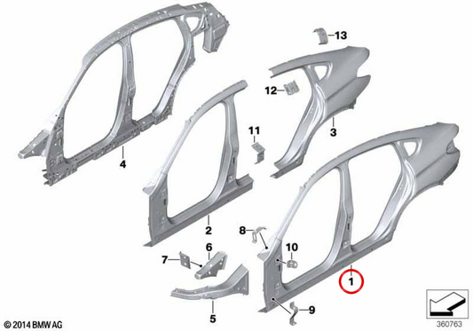 Frame laterale esterno sinistro OEM 41217385415 per BMW F26. BMW originale.