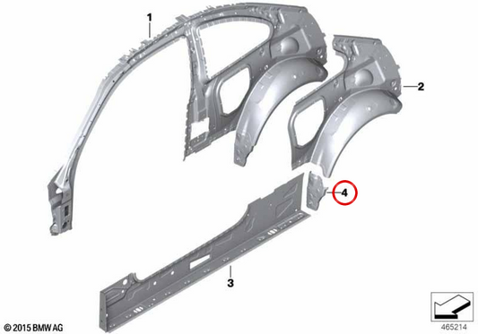 Chapón soporte paso de rueda izquierdo OEM 41218069023 para BMW F87. Original BMW.