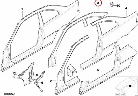 Frame di insegnamento OEM a destra 41218243104 per BMW E46. BMW originale.