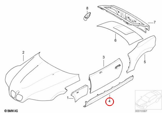 Soleira externa esquerda OEM 41218398649 para BMW E36 e Z3. BMW genuíno.