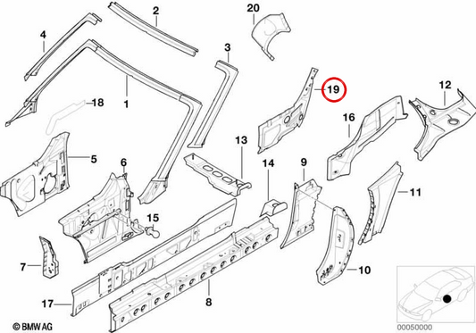 Refuerzo interior del pilar B derecho OEM 41218413386 para BMW E36 y Z3. Original BMW.