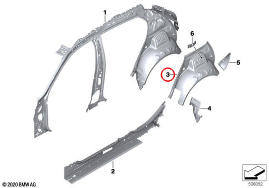 Guarnição interna do arco da roda traseira direita OEM 41219498402 para BMW F40. BMW genuíno.