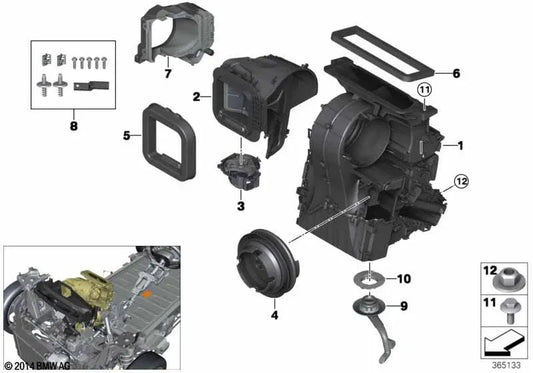 Fresh air/air recirculation housing for BMW 1 Series F40, F52, 2 Series F44, F45, F45N, F46, F46N, i I01, I01N, X1 F48, F48N, F49, F49N, X2 F39 (OEM 64119304015). Genuine BMW.