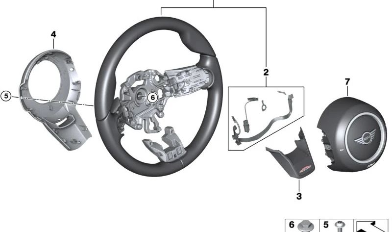 Roda de direção esportiva de couro OEM 32305A0C815 para Mini F54 (Cooper, Cooper D, Cooper S) 2019-2024. Compatível com versões manuais e automáticas. Mini original.
