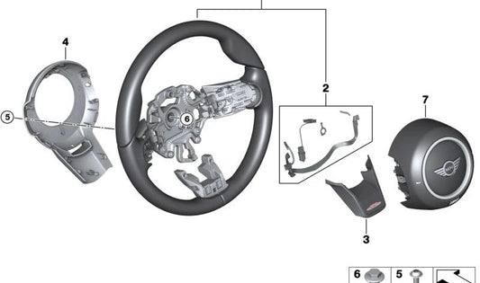 Volante deportivo de cuero OEM 32305A0C815 para MINI F54 (Cooper, Cooper D, Cooper S) 2019-2024. Compatible con versiones manuales y automáticas. Original MINI.
