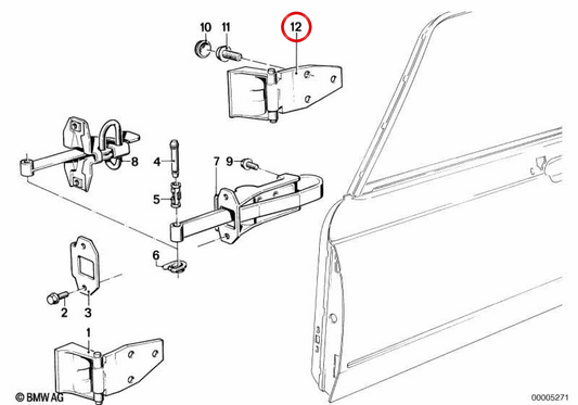 Rechts Scharnier OEM 41511873434 für BMW E23. Original BMW.